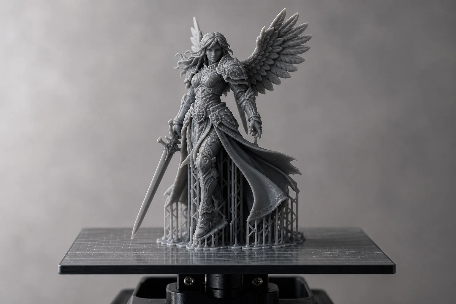 光固化 3D 列印機的列印平台，上面有完成的精細模型與支撐結構