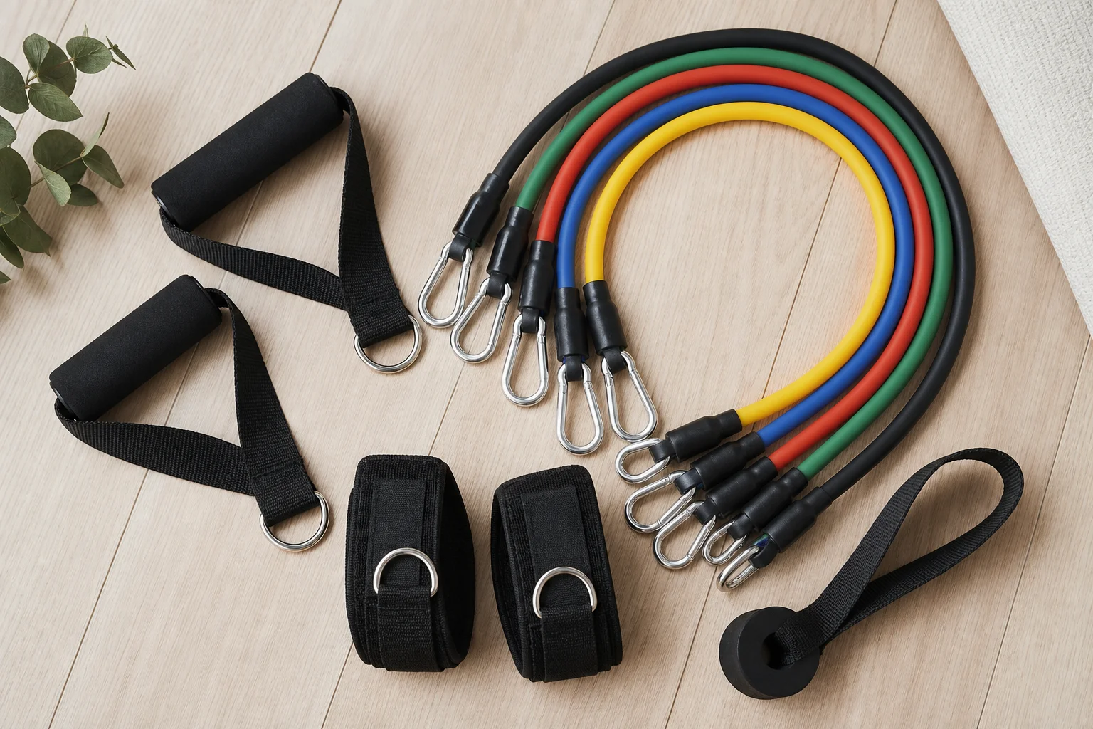 Tube bands with handles and door anchor laid out on wooden floor