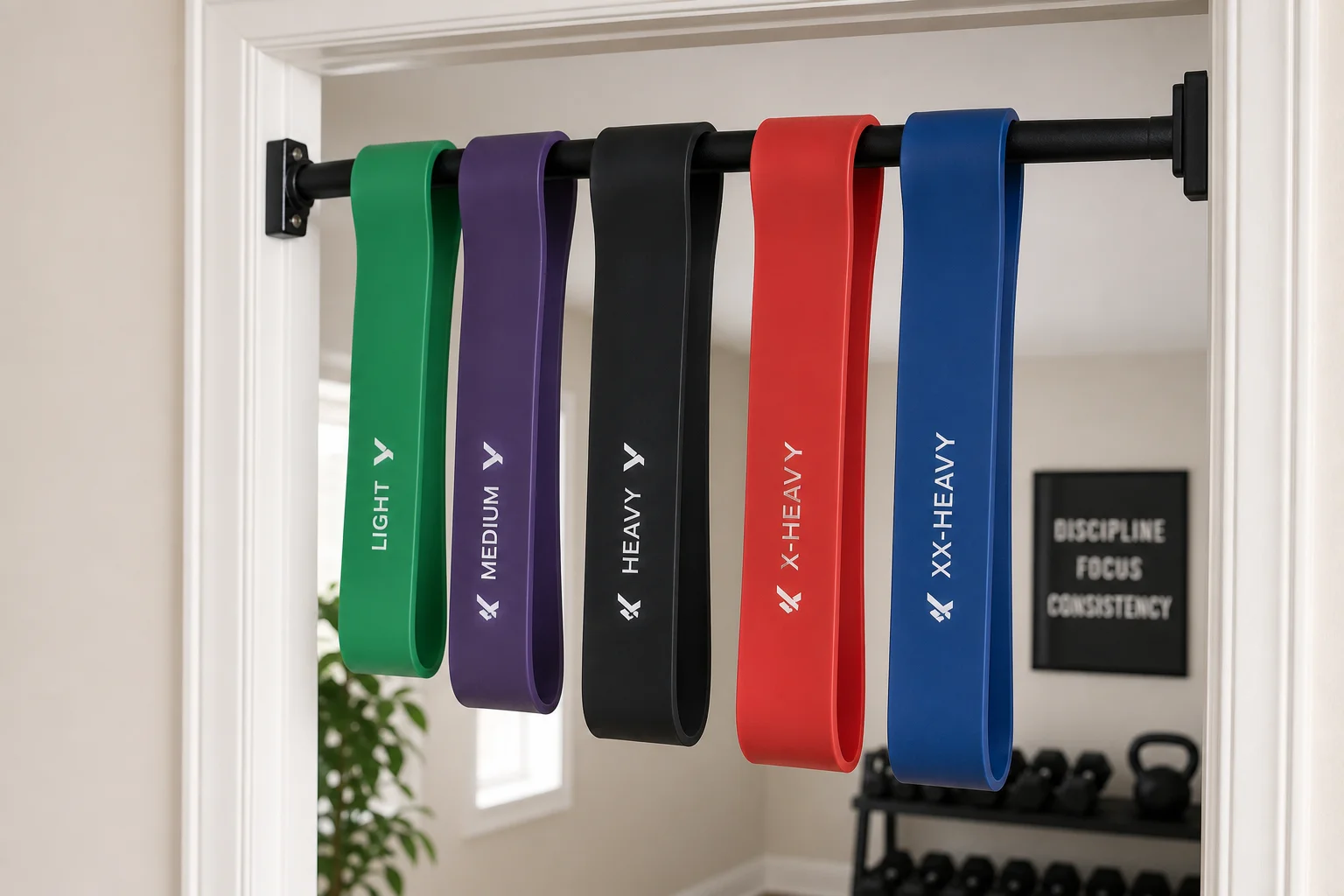 Thick pull-up assistance bands hanging from a pull-up bar in home gym
