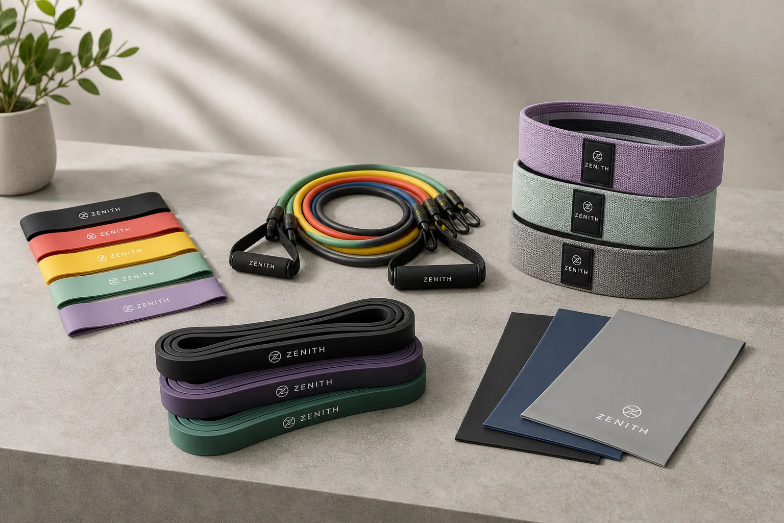 Five resistance band sets displayed on concrete surface showing different styles and colors