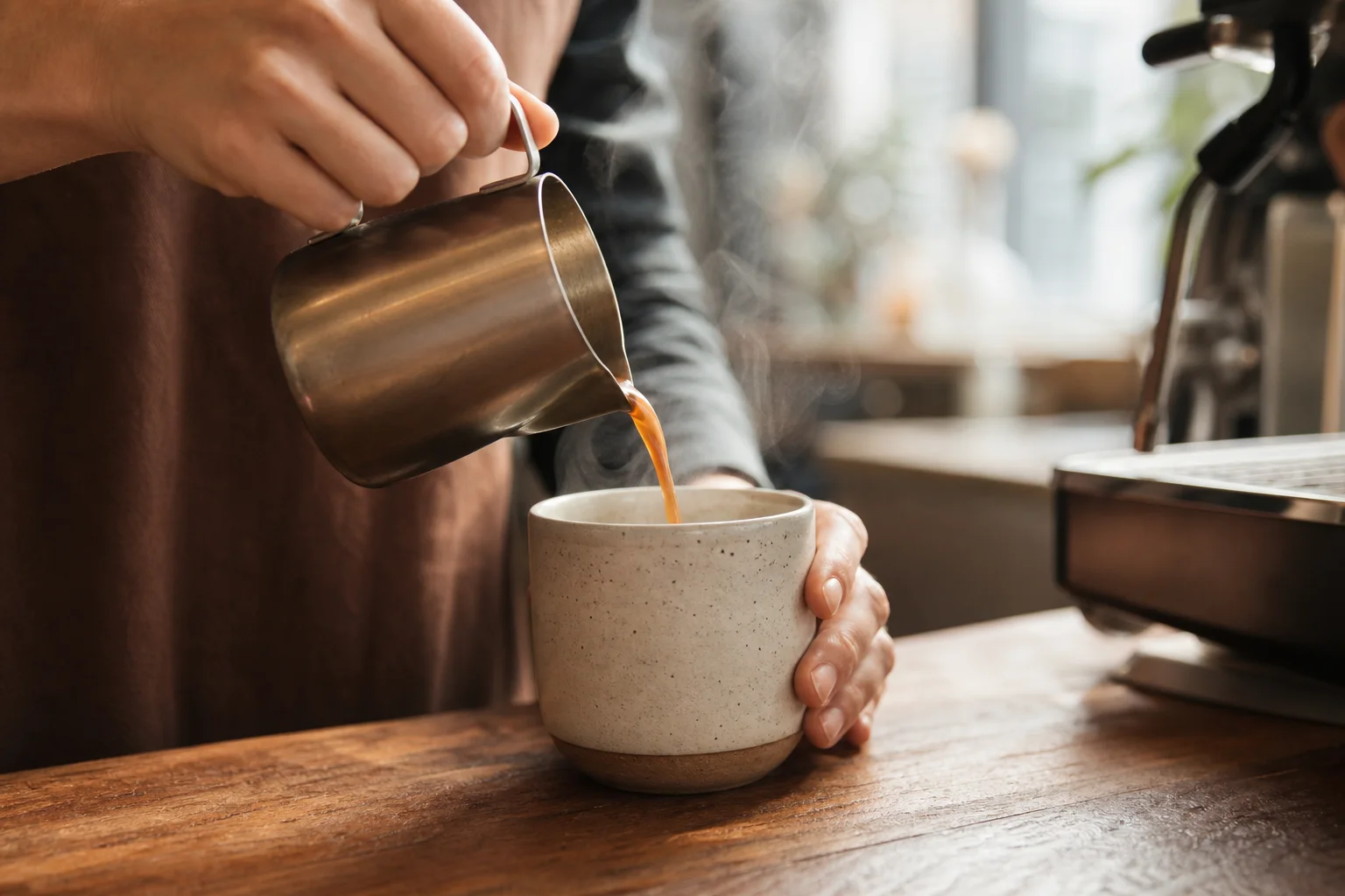 Barista pouring espresso into reusable cup at coffee shop counter with steam
