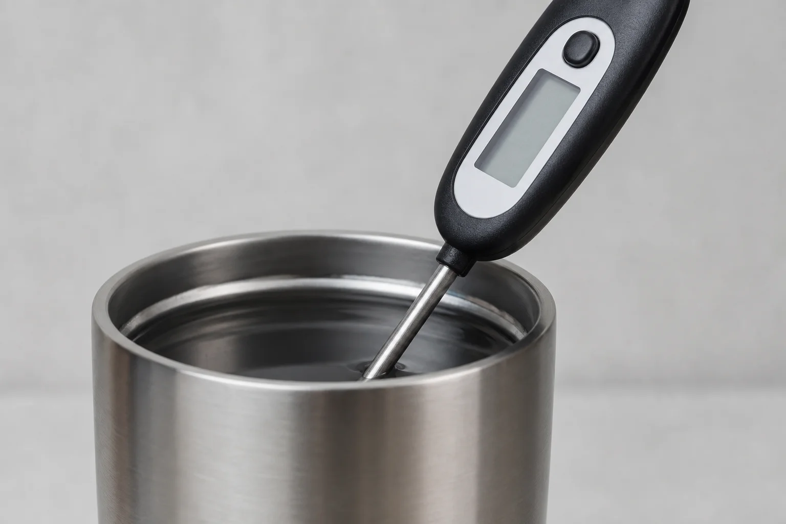 Digital thermometer measuring temperature inside stainless steel travel tumbler