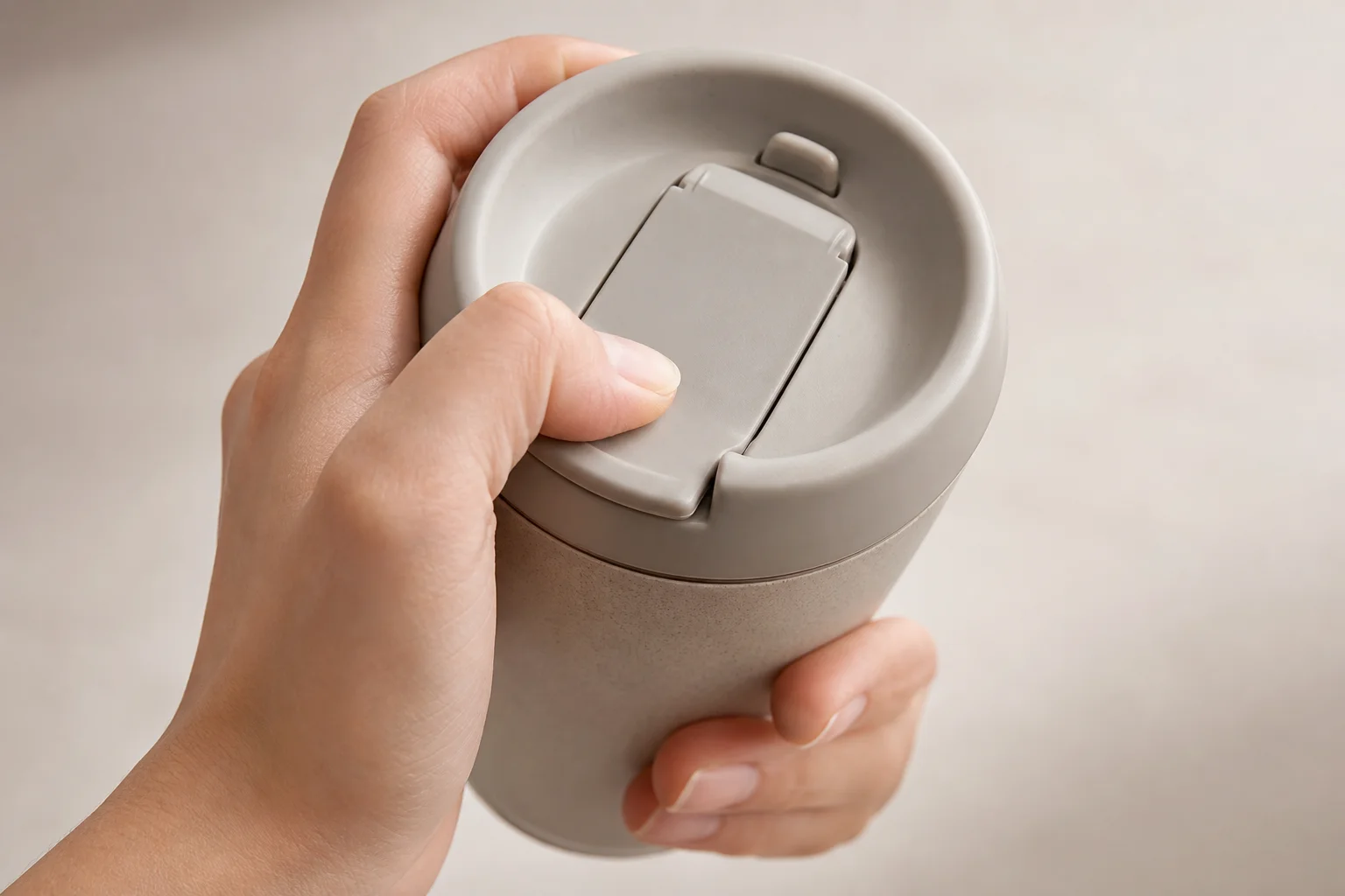 Hand holding sealed reusable coffee cup tilted to demonstrate lid closure