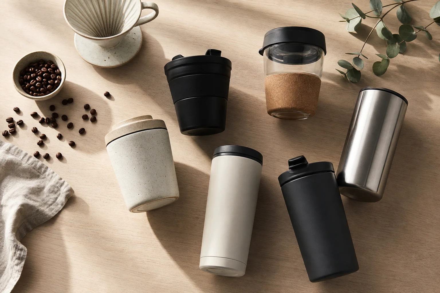 Flat-lay of reusable coffee cups on desk with pour-over dripper and coffee beans