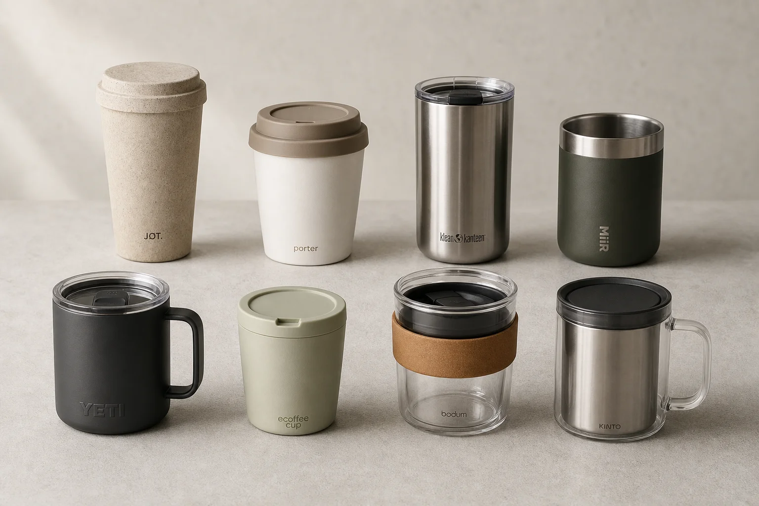 Eight reusable coffee cups arranged on concrete surface showing variety of materials and designs
