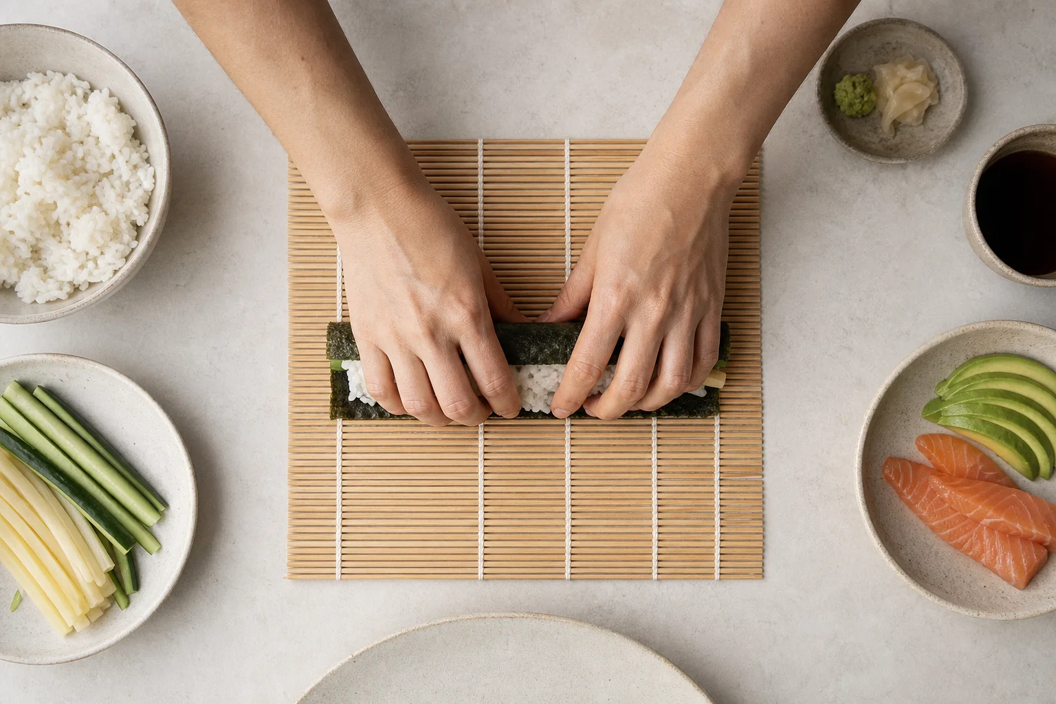 雙手正在竹簾上製作壽司捲，米飯粒粒分明且烹煮完美