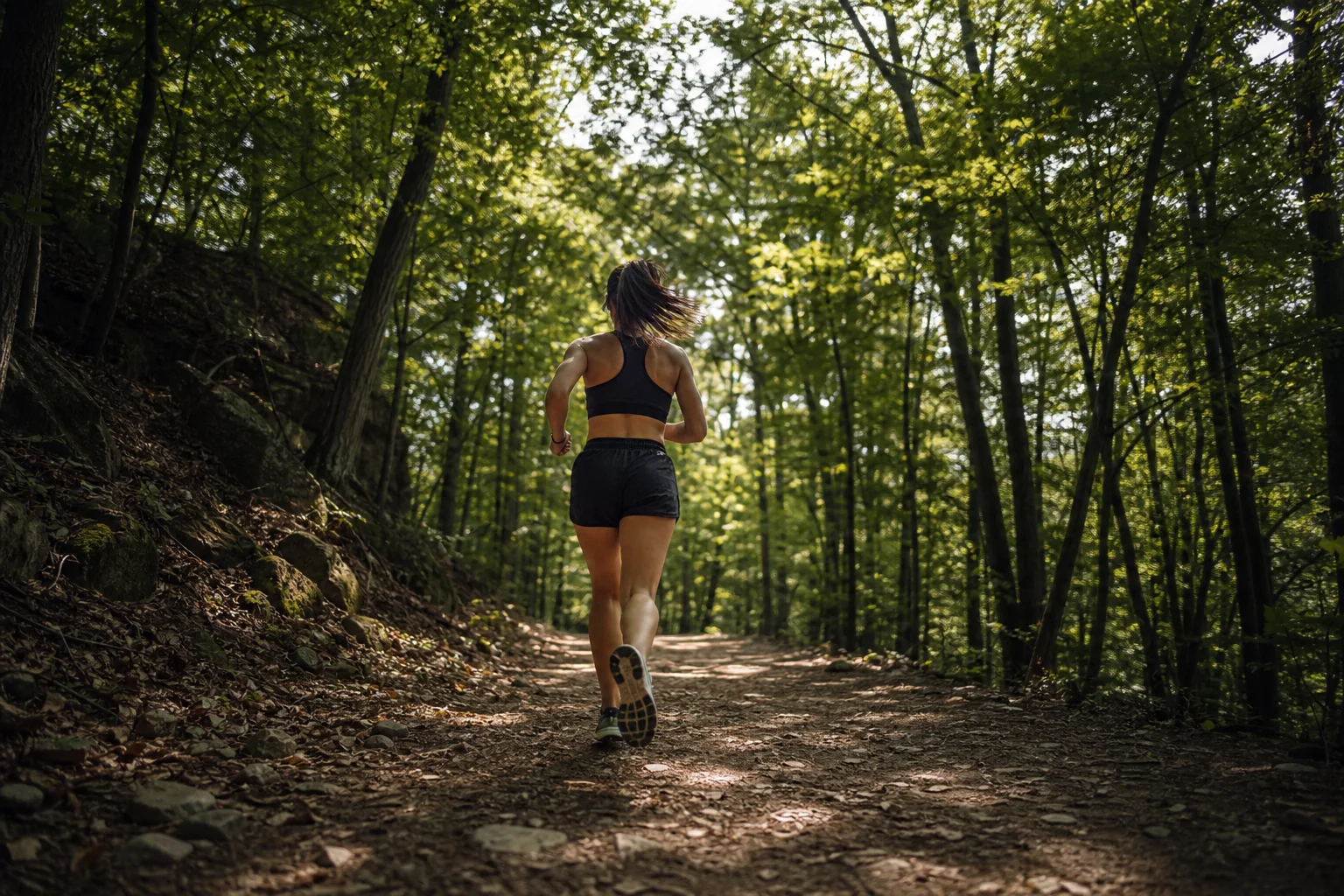 Runner on a forested trail with dappled sunlight filtering through trees