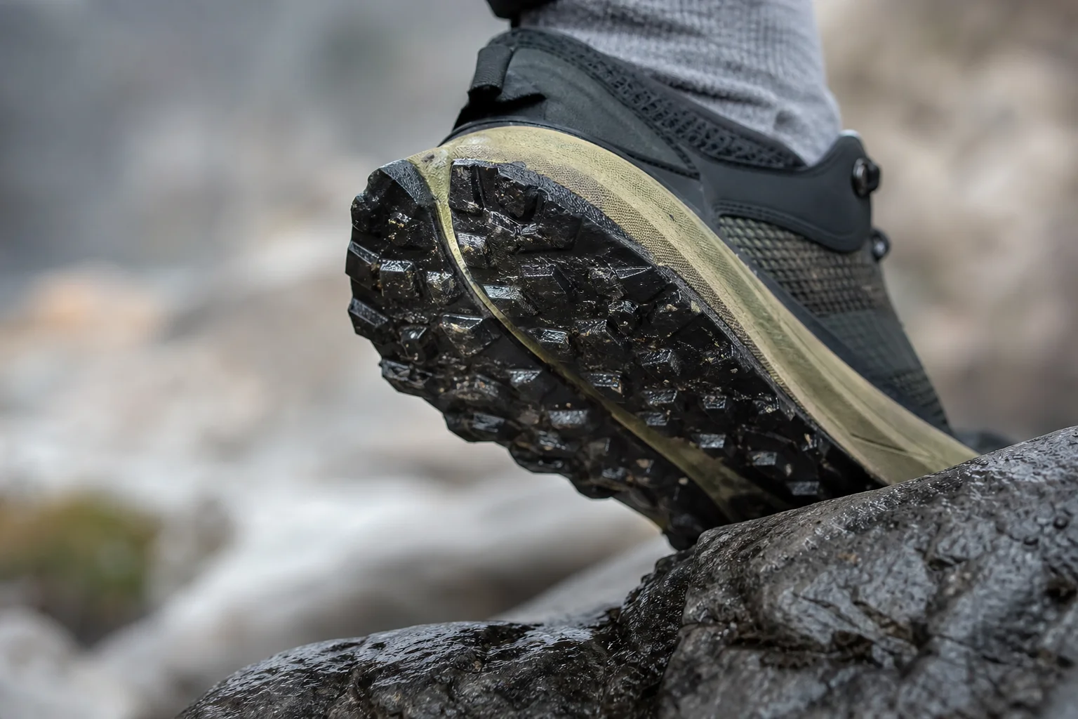 Close-up of a running shoe sole gripping wet rocky terrain
