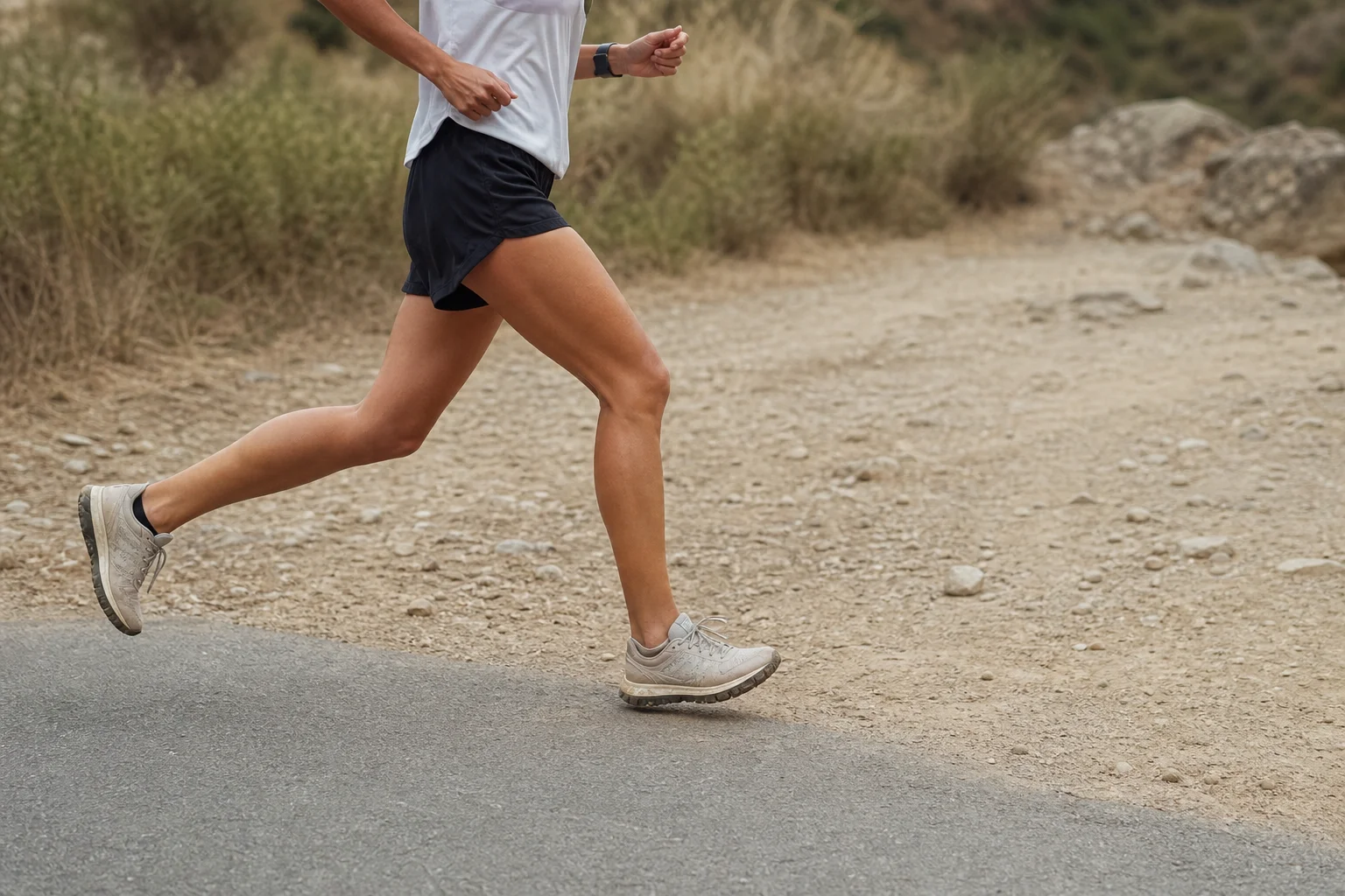 Runner transitioning from paved path to light trail terrain
