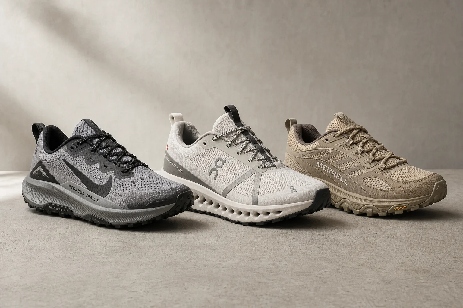 Nike Pegasus Trail 5, On Cloudsurfer Trail, and Merrell Nova 4 running shoes on concrete