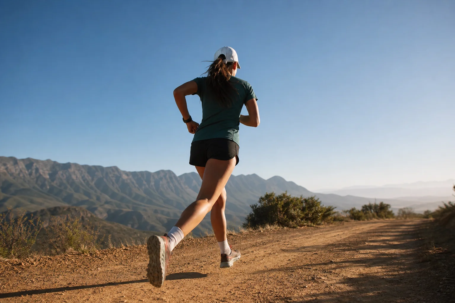 Runner wearing a cap on a sunny trail with clear blue sky