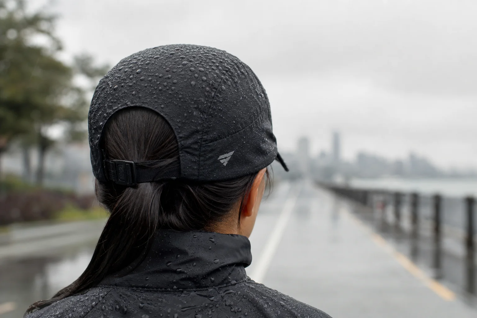 Runner in rain wearing a waterproof cap with water droplets visible