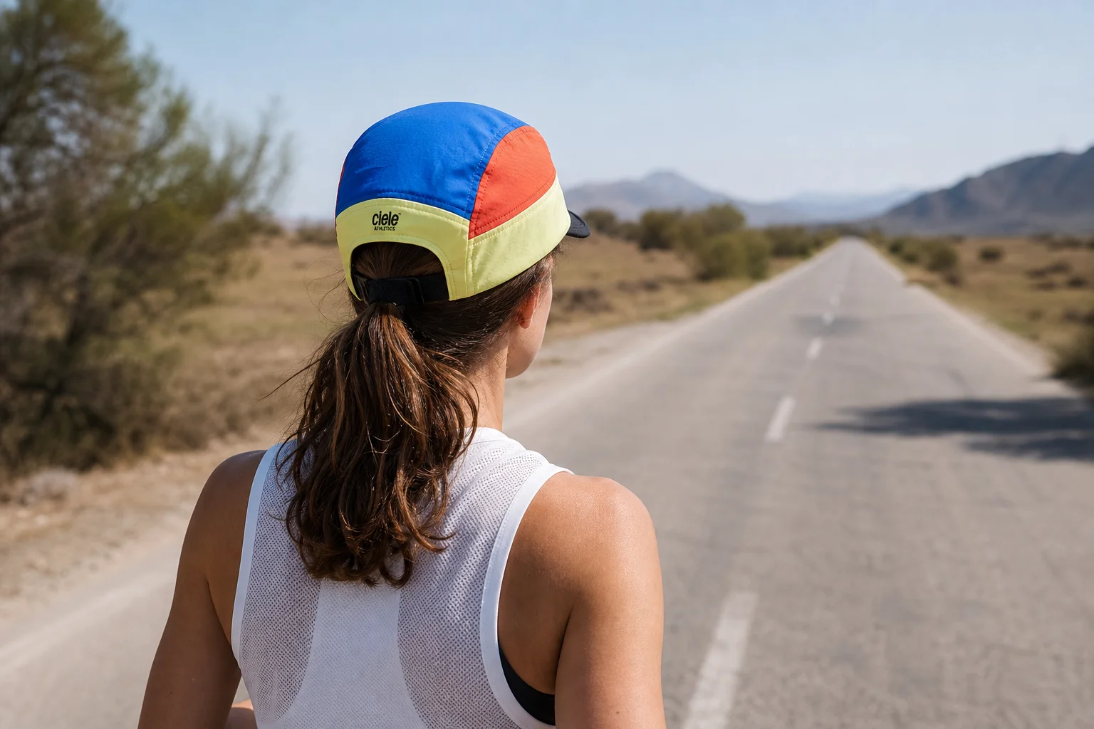 Runner wearing a colorful technical cap on a summer road