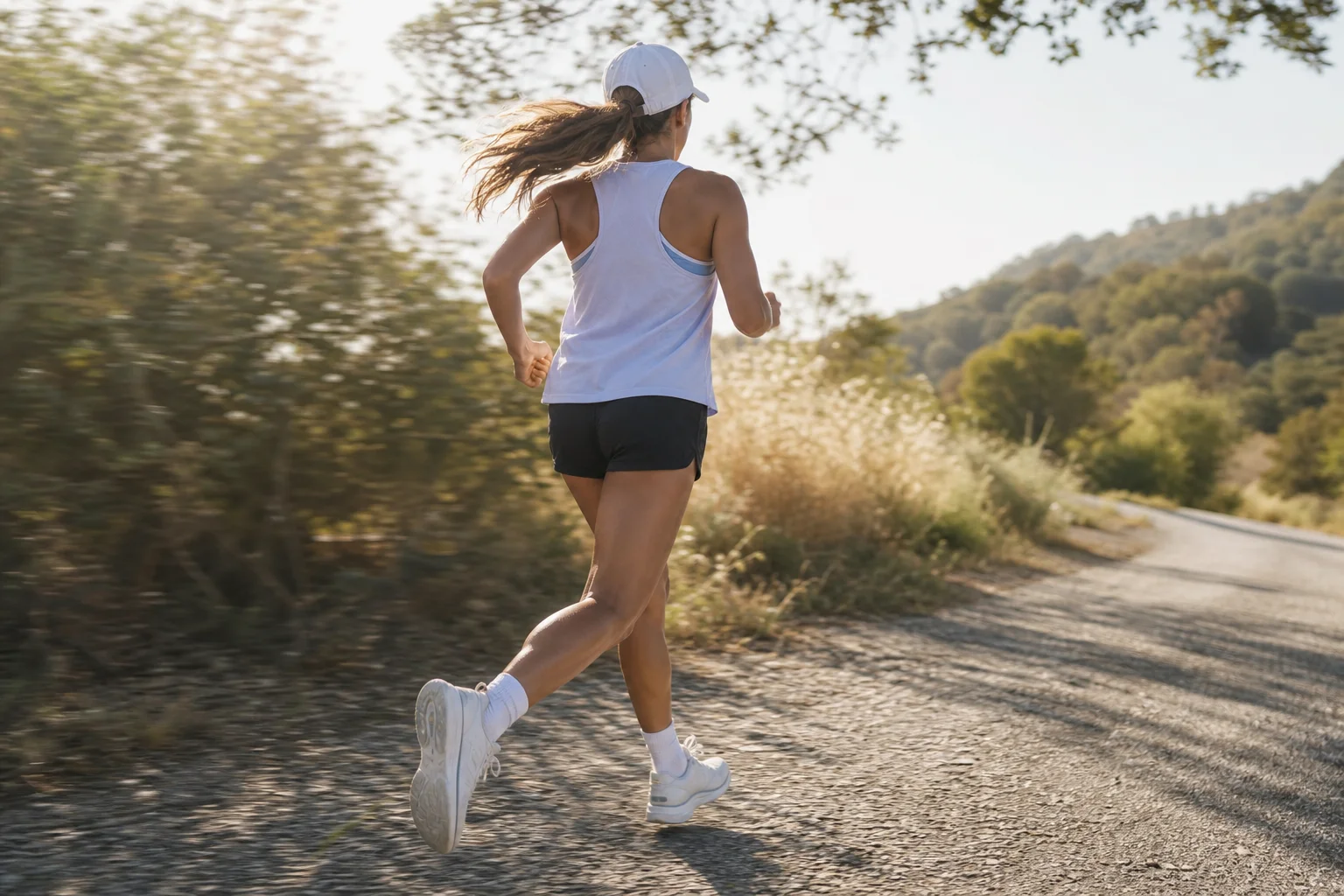 Runner in motion on sunny trail wearing lightweight running cap