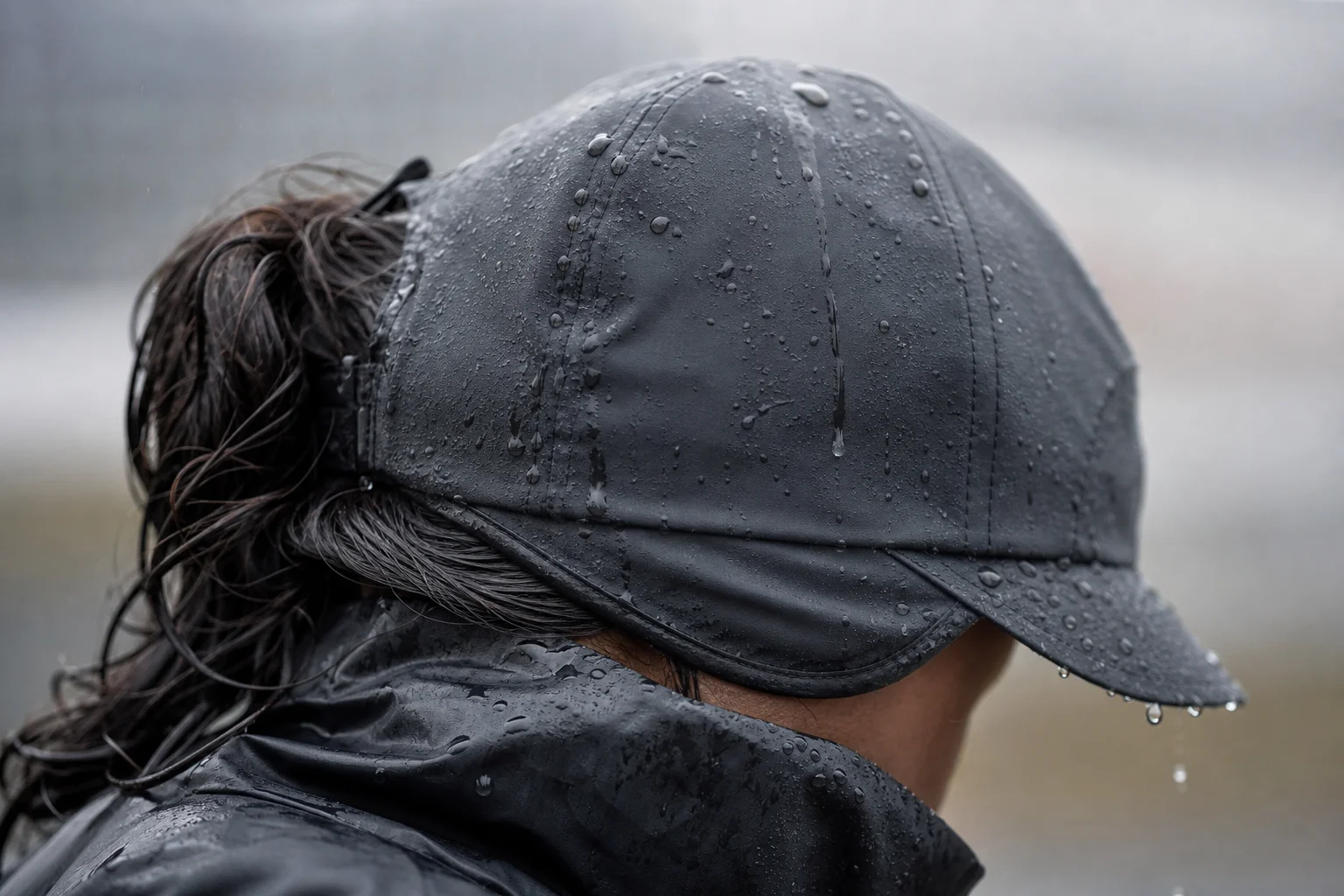 Close-up of waterproof cap brim with rain droplets during wet conditions