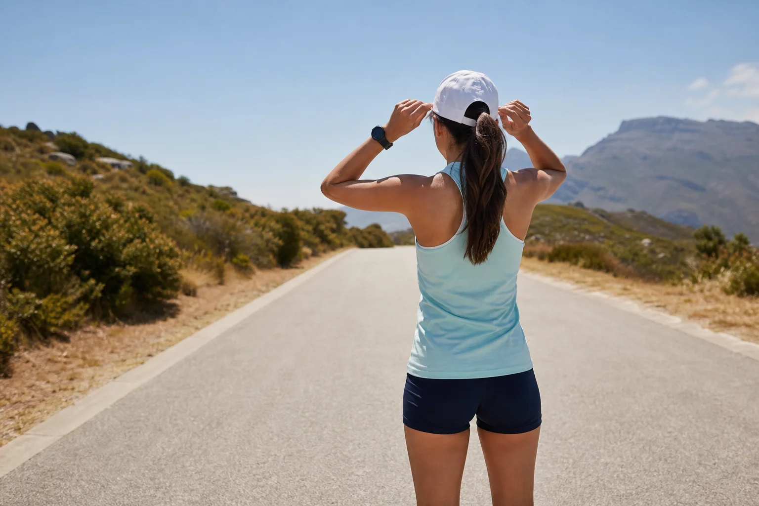 Runner adjusting cap fit on sunny road with clear skies