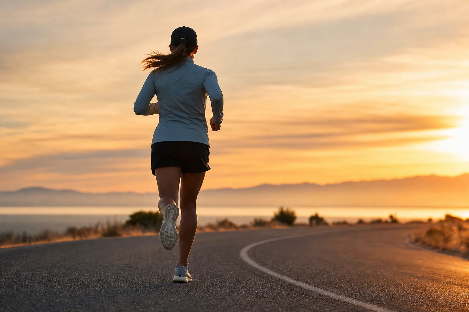 Runner in motion on track at sunset wearing low-profile running cap