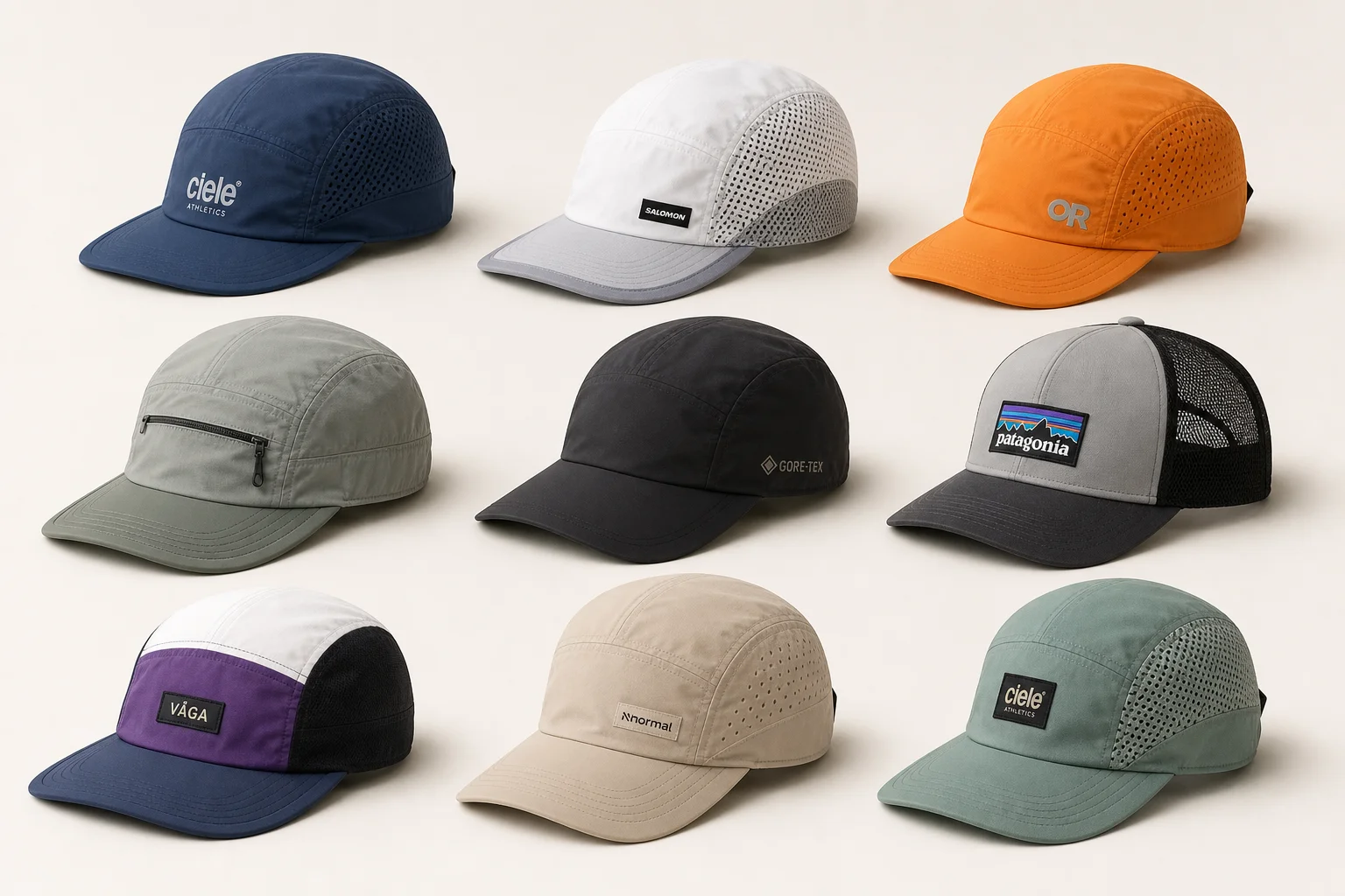 Collection of nine running caps in various styles and colors on neutral background