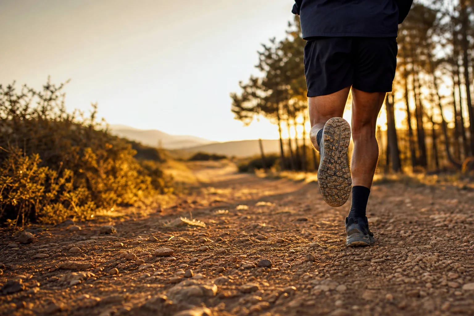 Runner in motion on a trail during golden hour with trees in background