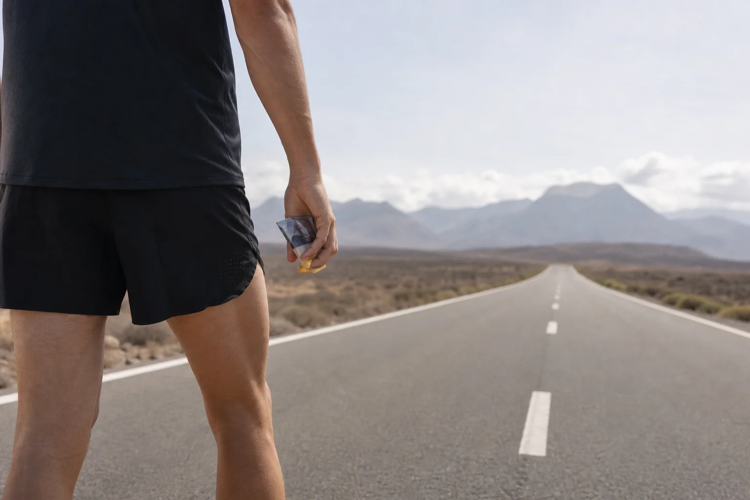 Runner hydrating and fueling during a long distance run on a road