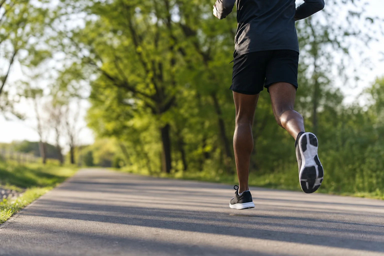 Runner jogging on a smooth paved path with trees in soft morning light