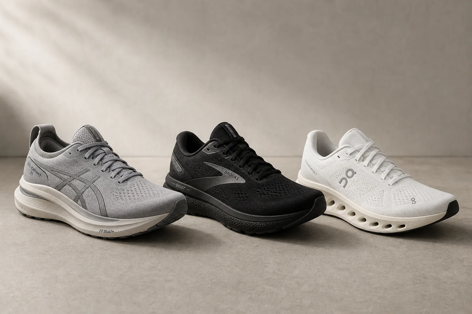 Three running shoes displayed side by side on concrete: Asics Gel Kayano 31, Brooks Ghost 16, and ON Cloudsurfer 7