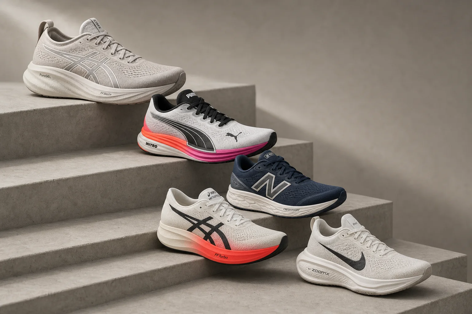 Five women's running shoes arranged in descending staircase pattern on concrete
