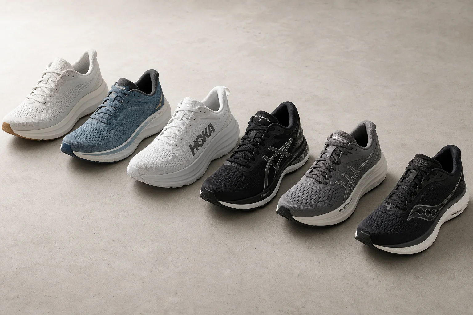 Collection of running shoes for heavy runners arranged on concrete surface