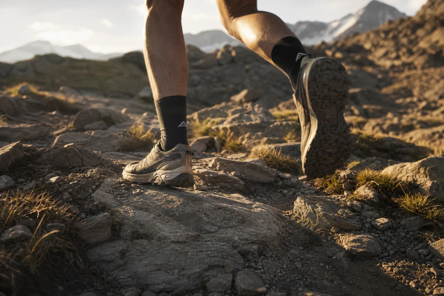 Trail runner's feet in motion on rocky mountain terrain