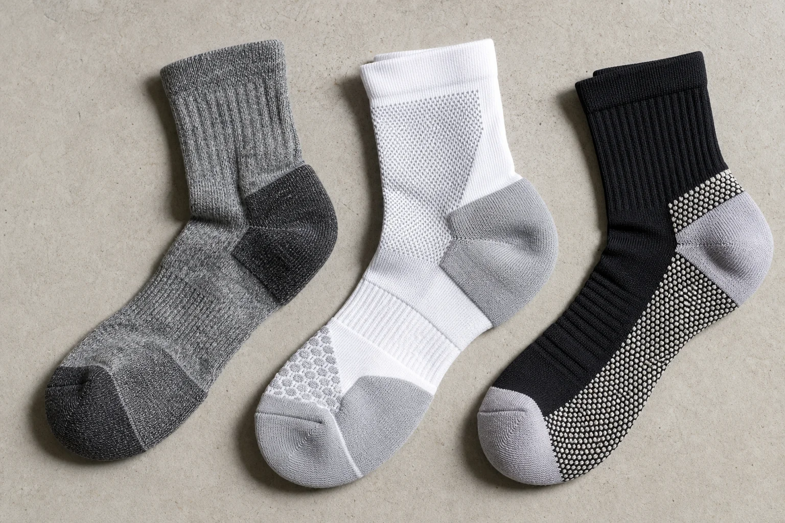 Flat lay of running socks showing construction details and materials