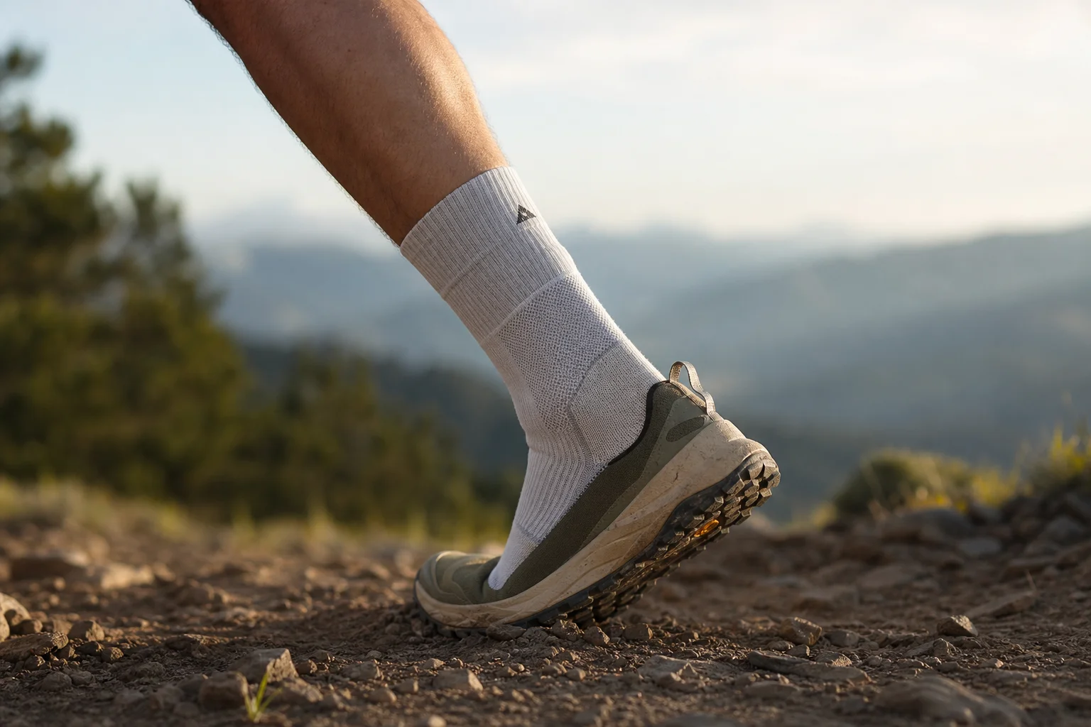 Runner's lower leg showing sock fit and ankle support during trail run