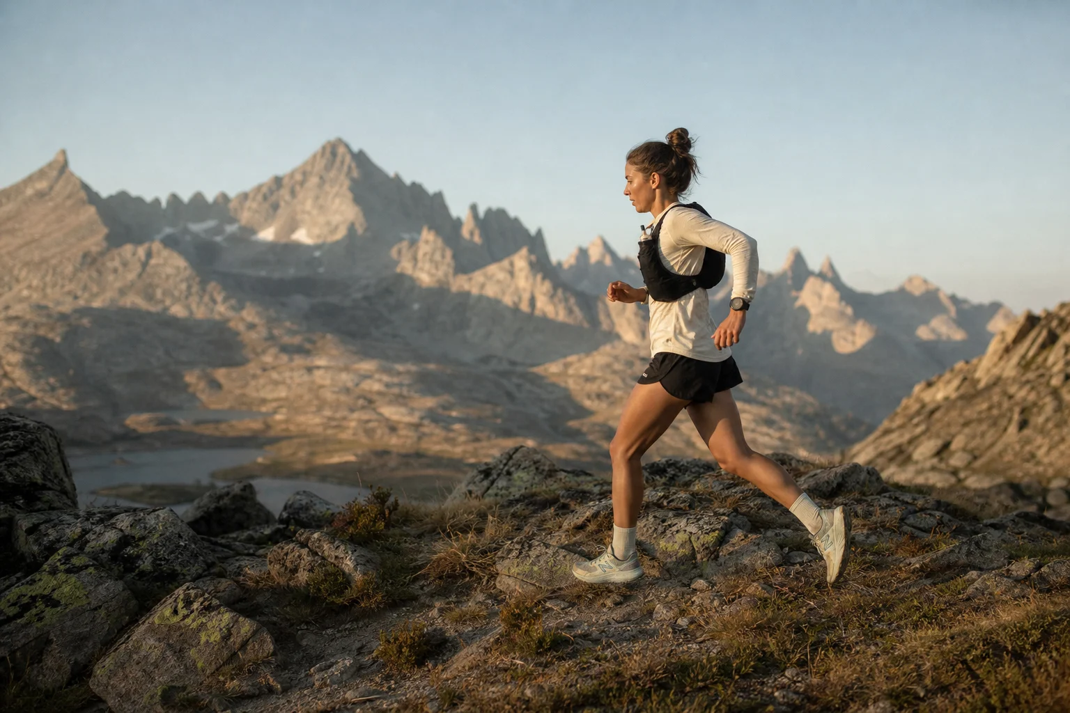Trail runner navigating rocky terrain in afternoon sunlight
