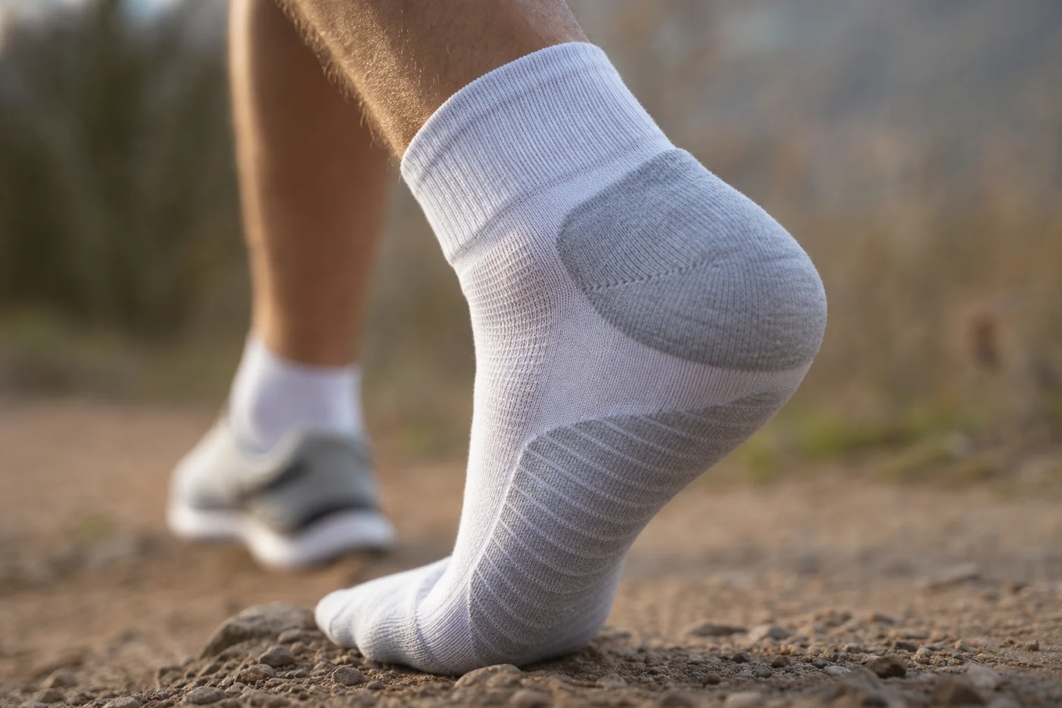 Runner's foot showing sock cushioning detail during a long run