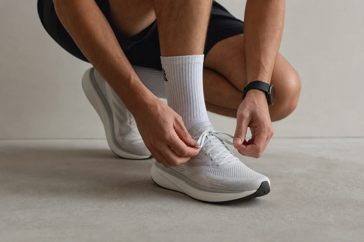 Runner tying shoes with crew-length socks visible before a run