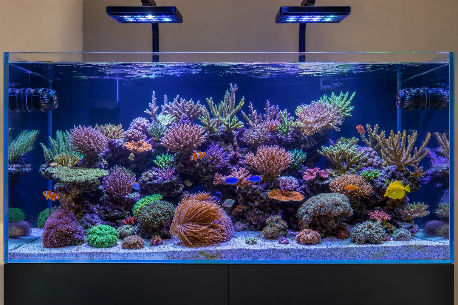 在最佳光照條件下，珊瑚生長茂盛的海水缸