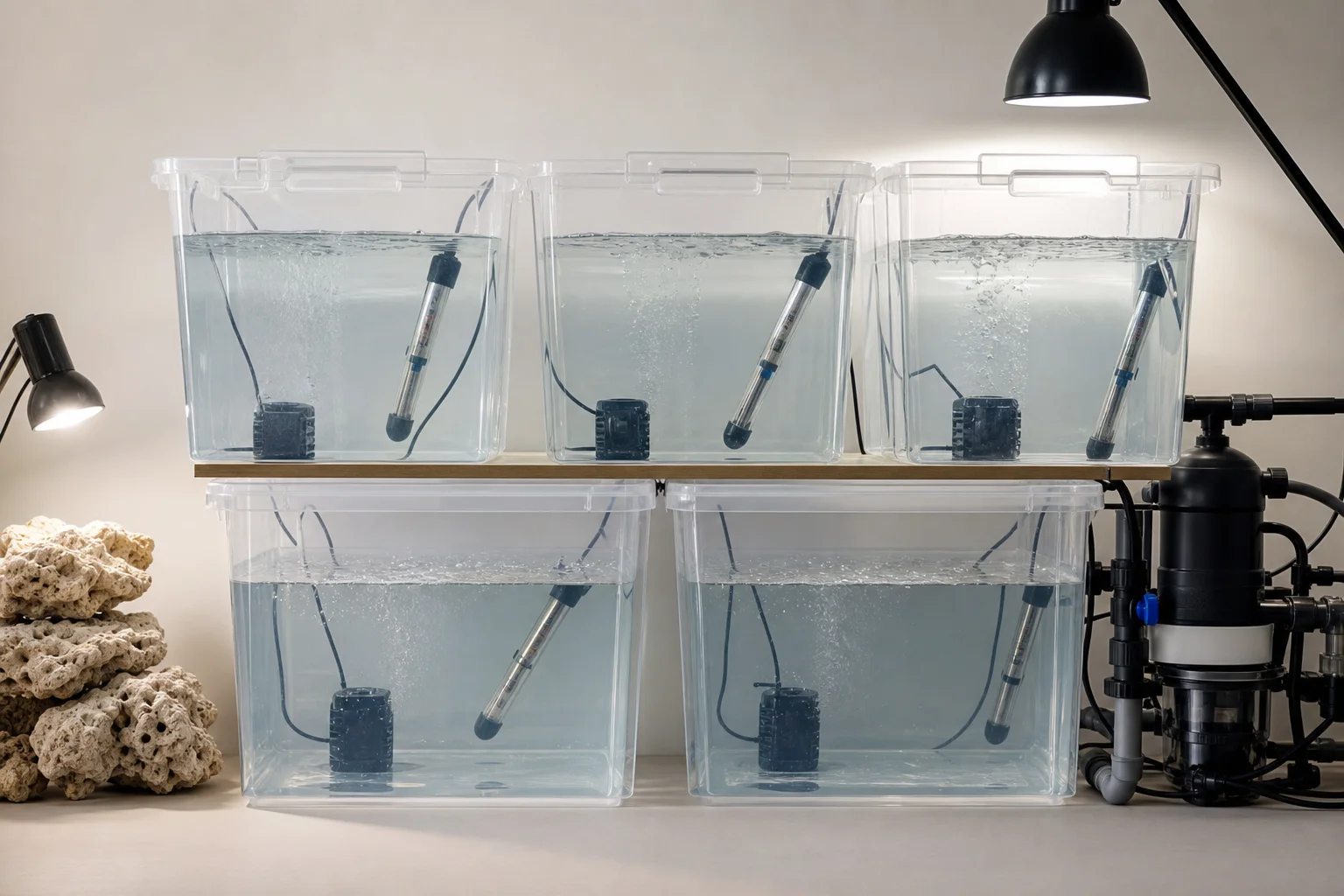 Prepared saltwater containers with circulation and heating equipment