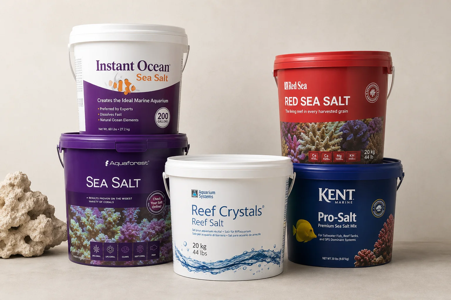Collection of five different colored saltwater mix buckets on neutral surface