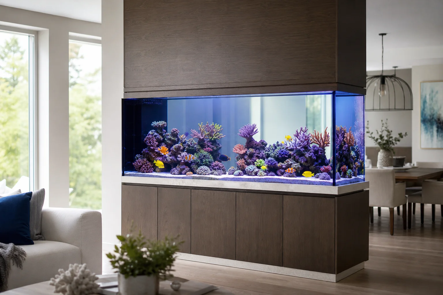 Thriving saltwater reef aquarium with vibrant corals and clear water