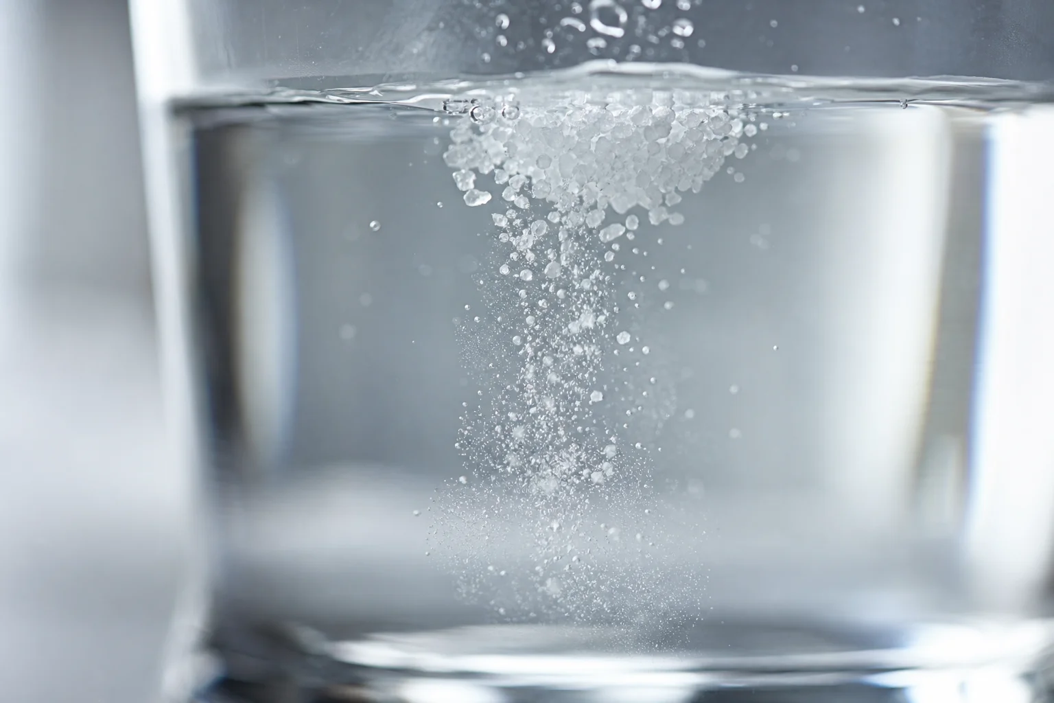 Close-up of salt crystals dissolving in clear water