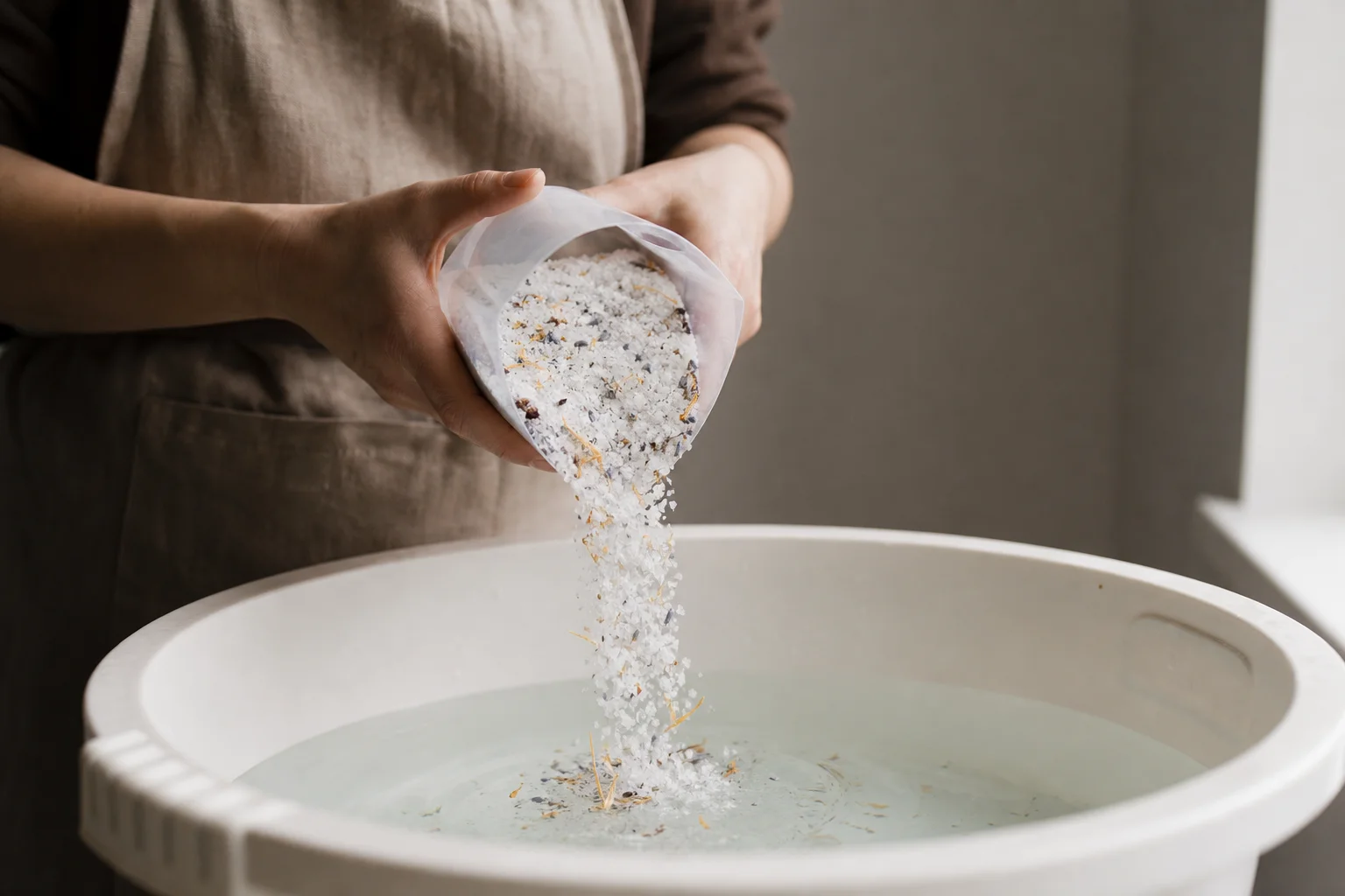 Aquarist measuring and pouring salt mix into mixing bin