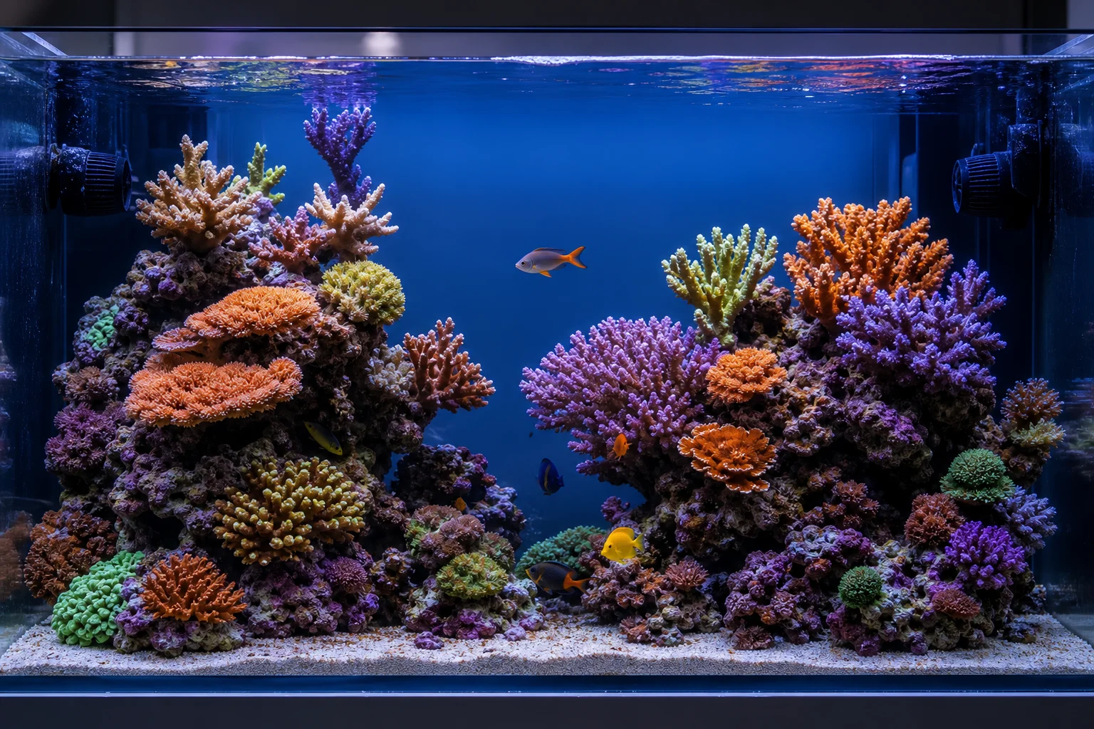 Thriving reef aquarium with colorful stony corals and live rock