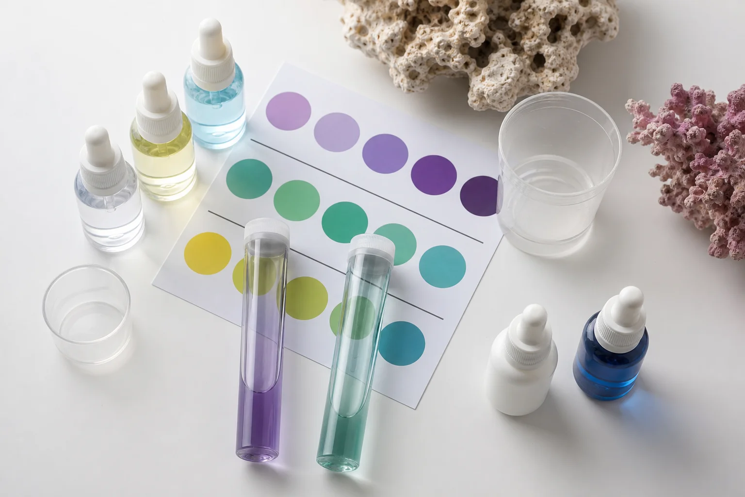 Aquarium test kit bottles and color comparison chart for calcium and alkalinity