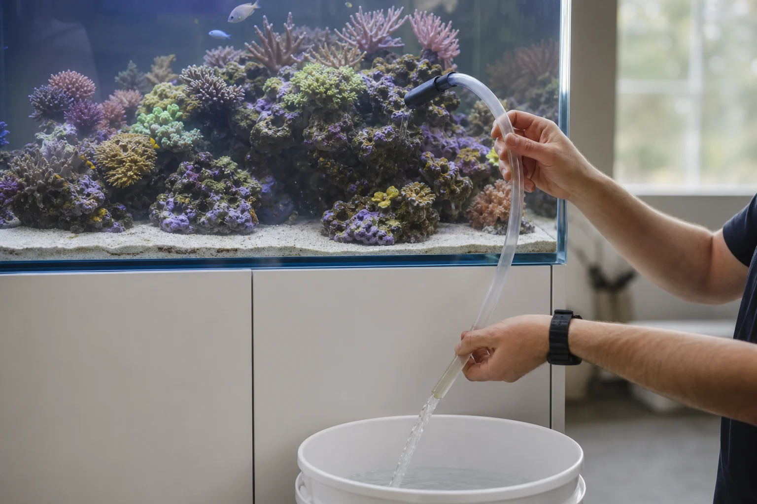 Aquarium water change in progress with siphon and bucket