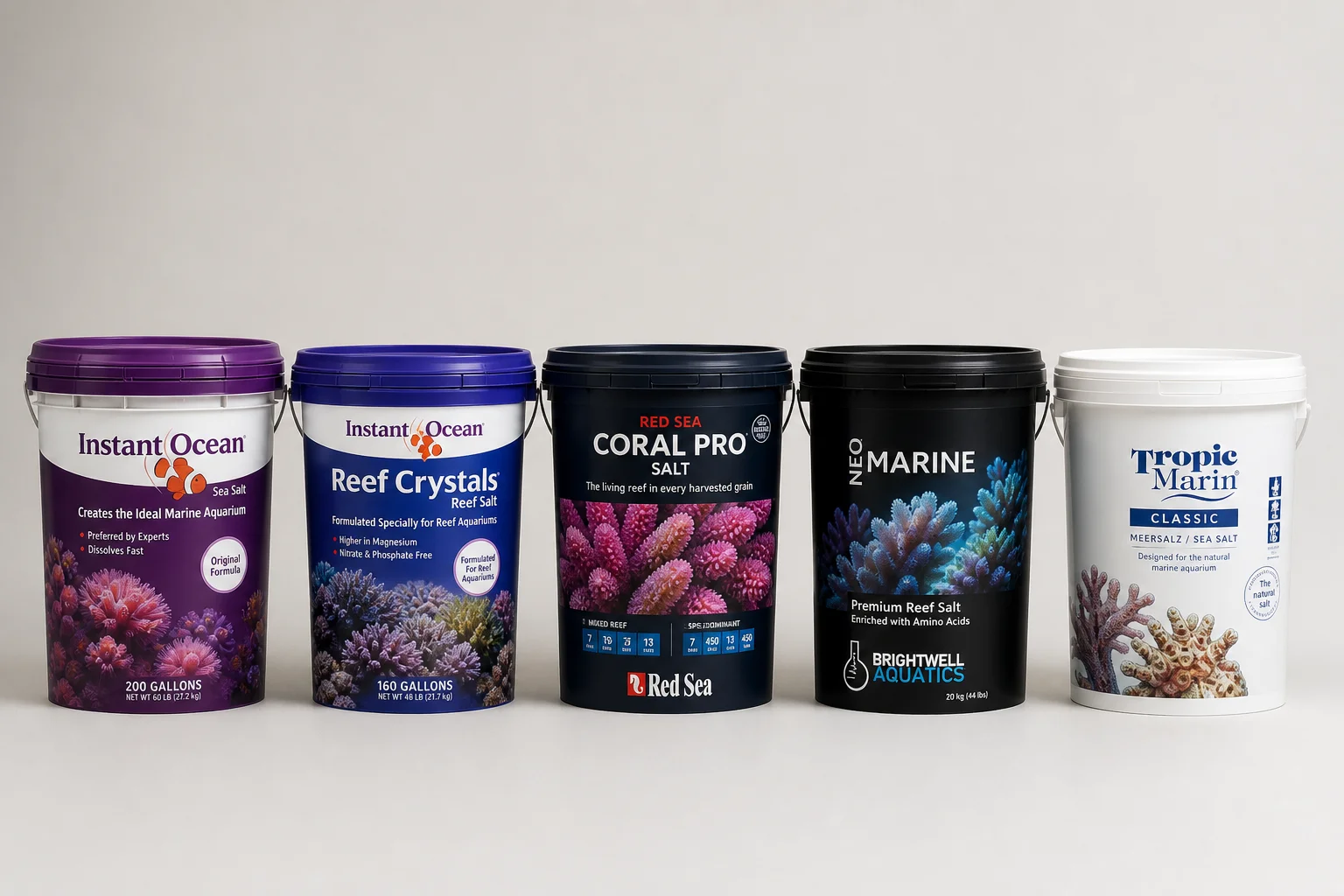 Five saltwater mix buckets lined up on neutral backdrop