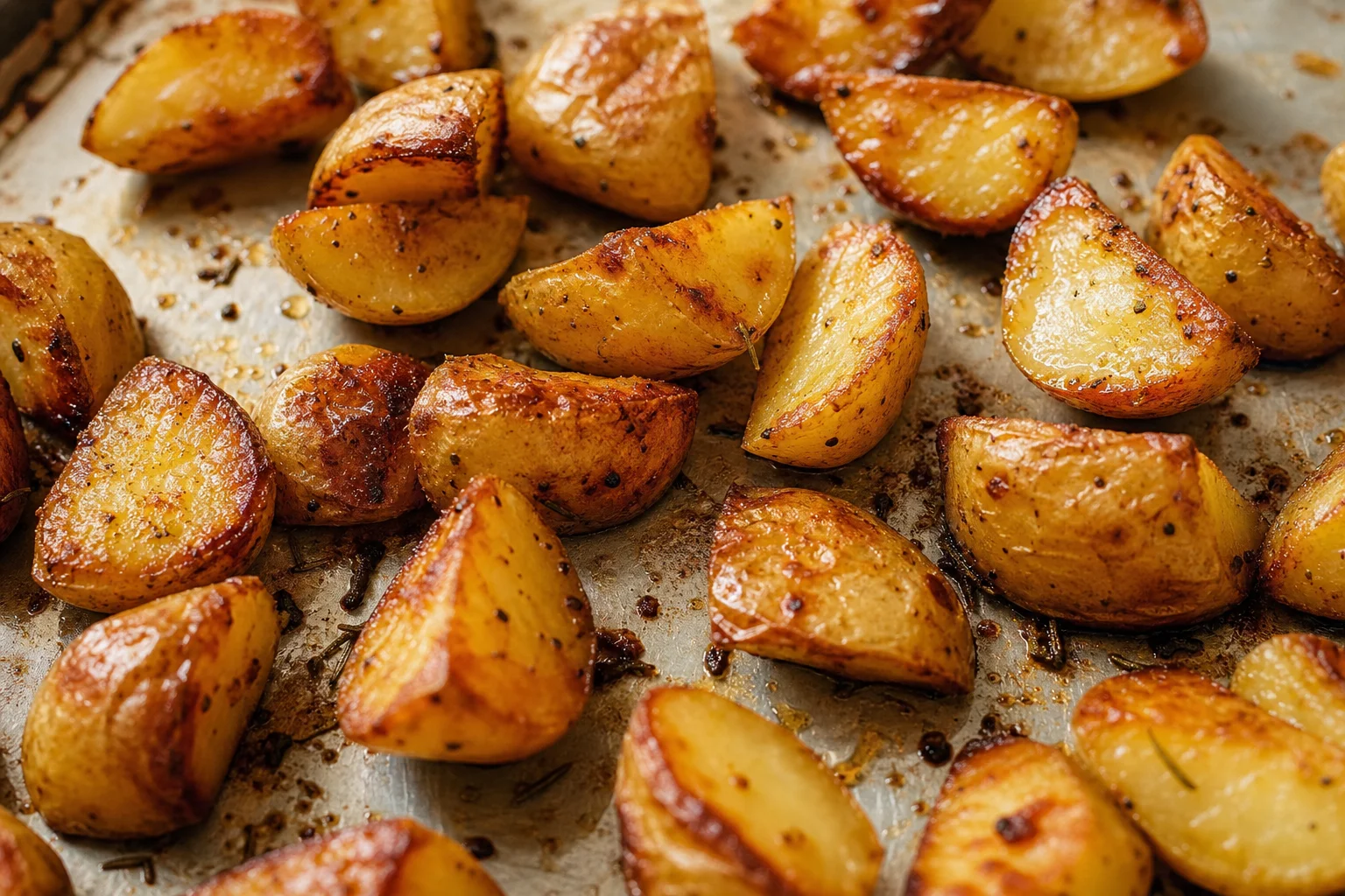 Roasted potatoes on a sheet pan showing browning and texture