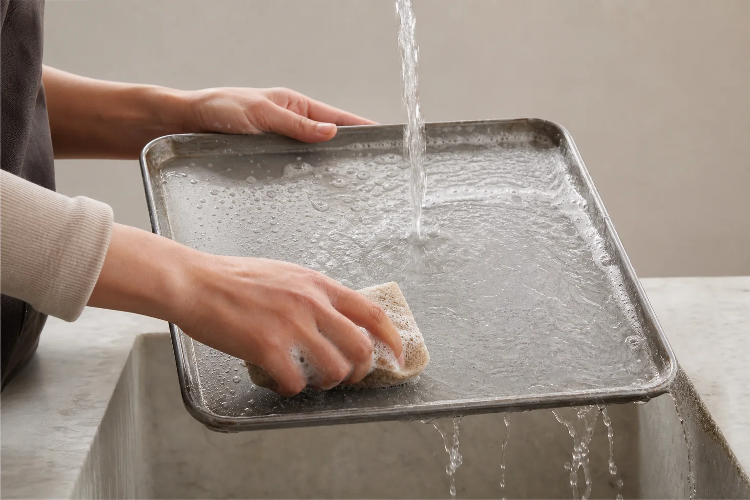 Sheet pan being cleaned with soapy water and sponge