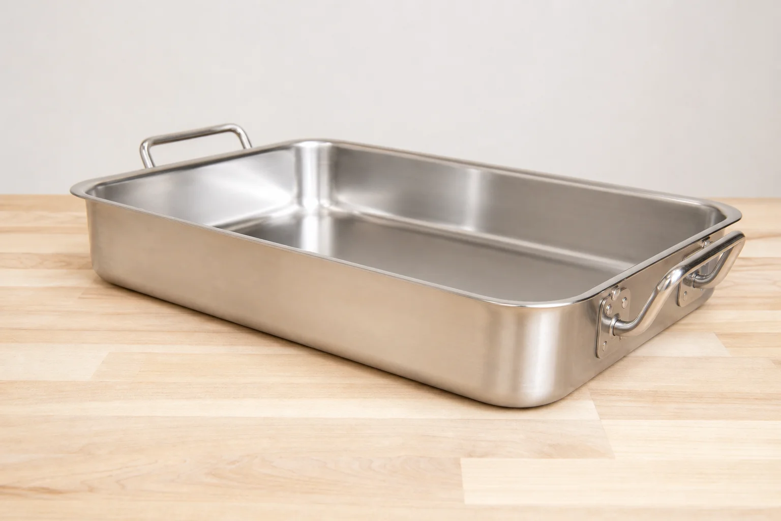 Heavy stainless steel sheet pan on a kitchen counter