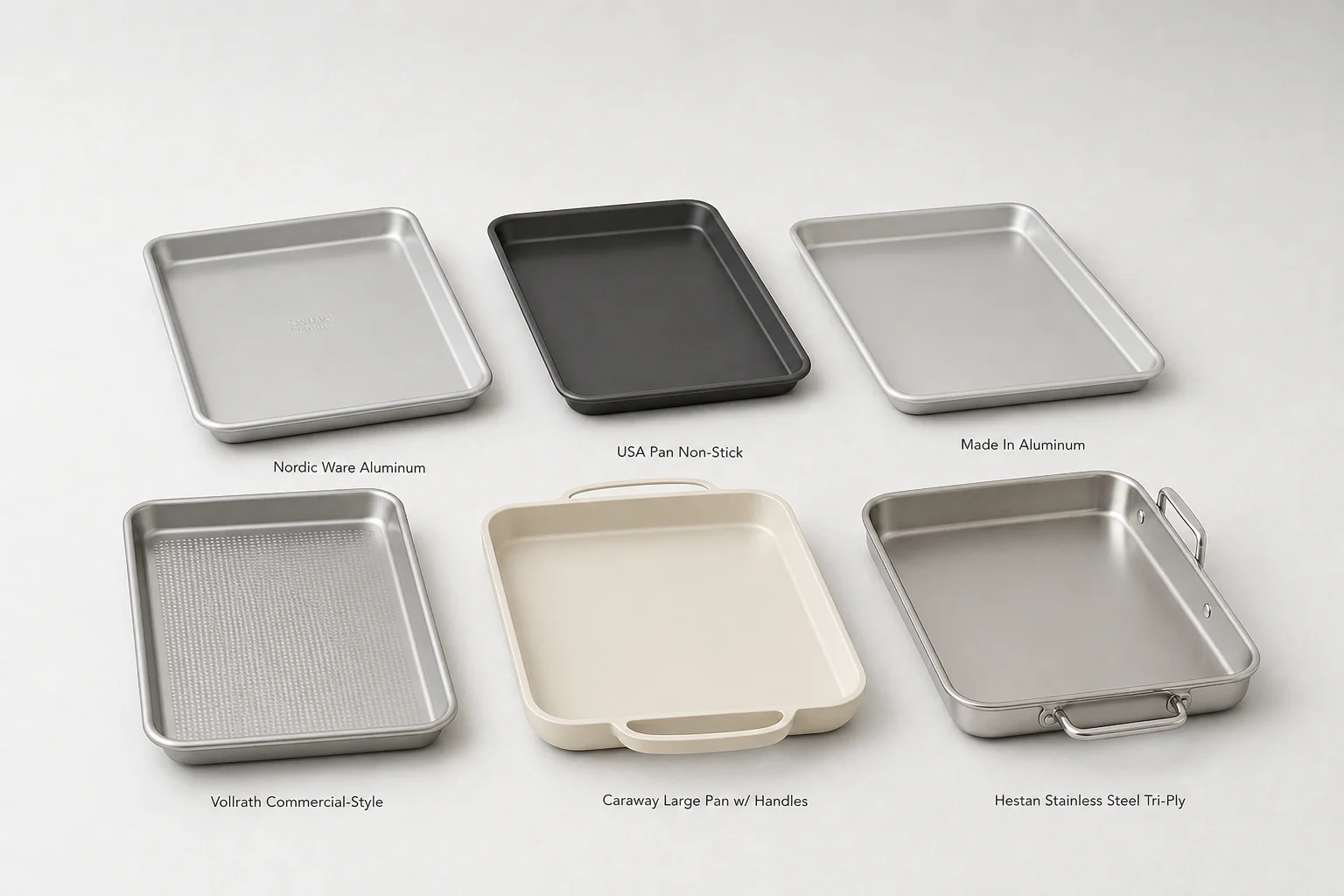 Six sheet pans arranged in a grid showing different styles and materials