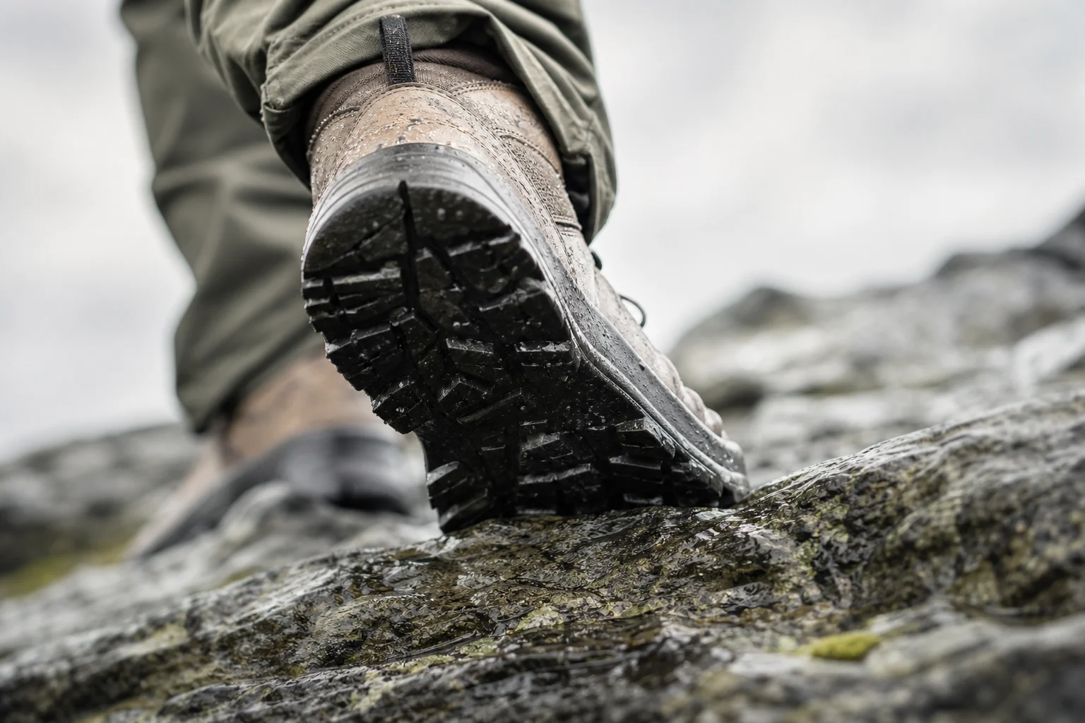 Hiking boot sole on wet rocky terrain with water droplets