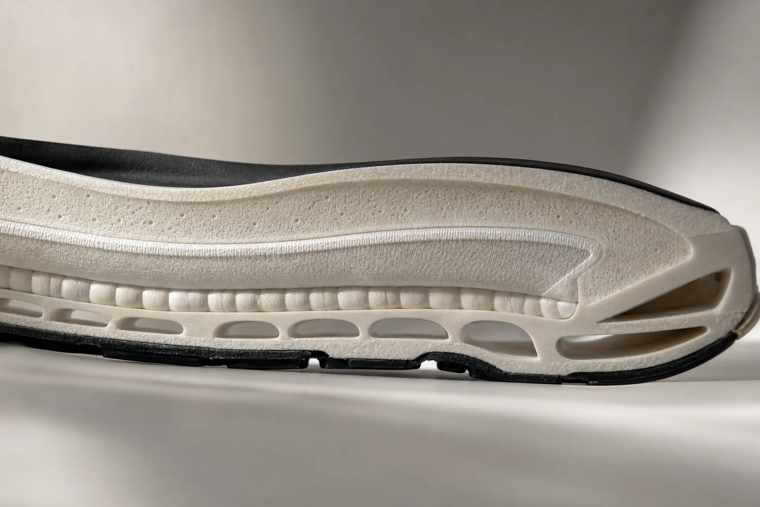 Close-up of a shoe midsole showing cushioning material and structure